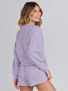 Hot Sale Women's Two Piece Sweatshirt Shorts <b>Set</b> Crew Neck Long Sleeve Loose Fit Casual Wear Solid Color Comfortable Outfit - Product Image 4