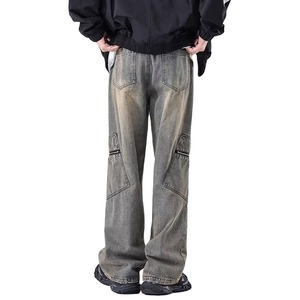Pantalones Cargo de Mezclilla Lavada para Hombre, Corte Recto, Múltiples Bolsillos, Cintura Elástica, Estilo Workwear, para Otoño, Lona de Peso Medio - Product Image 2