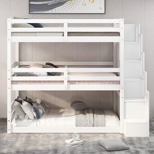 Letto a Castello Triplo Bianco Misura Twin con Scala Contenitore e Design Separato per Bambini - Product Image 3