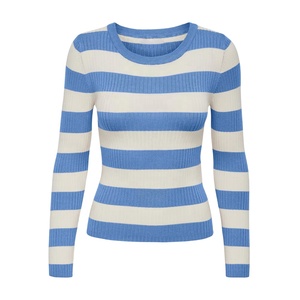 Suéter Casual de Punto Acanalado 100% Algodón para Mujer, Cuello Redondo, Manga Larga, Rayas Azules y Blancas, para Todas las Temporadas - Product Image 1