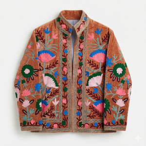 Blouson Bomber Marron Brodé Motifs Floraux Rose Blanc Bleu Col Montant Doublure Coton Poches Latérales Vêtement d'extérieur Femme - Product Image 1