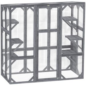 Grande Gabbia in Legno Grigia per 1-3 Gatti, 150x70x150 cm, Catio da Esterno con 6 Piattaforme per il Salto e Tetto con Pannello Solare - Product Image 1