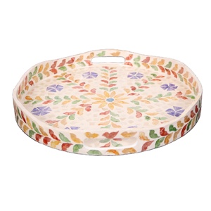 Plateau de service rond en nacre écologique avec motif floral coloré en rotin, fournisseur en gros pour la décoration de table basse de luxe - Product Image 2