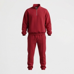 Survêtement rouge pour homme à demi-zip, couleur unie, sweat-shirt en coton et pantalon à cordon de serrage, tenue décontractée d'automne, coupe régulière longueur entière - Product Image 1