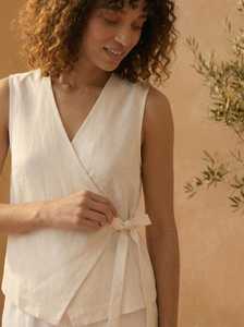 Women Vintage Sleeveless Blouse V-Neck <b>Wrap</b> Tie Solid <b>Pink</b> Breathable Eco-Friendly Office ODM Spring Summer Top - Product Image 4