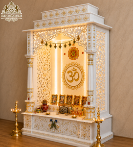 Modern White Wooden Pooja <b>Mandir</b> with Om Chakra Pooja Ghar Design with LED Backlight Custom Pooja Temple Cabinet for Home UK - Product Image 4