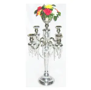 便宜的高地板站立金属烛台婚礼桌烛台中心件银5臂烛台带花碗