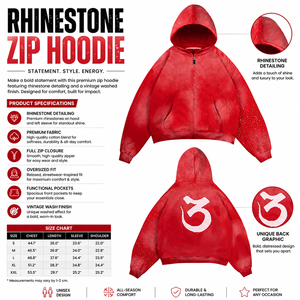 Rhinestone Zip <b>Hoodie</b> Unisex Oversized Fit <b>Red</b> 100% Cotton Fleece Winter 400g Sweatshirt - Product Image 5