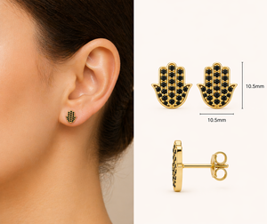 Gold Color Hamsa Hand <b>Stud</b> <b>Earrings</b> <b>Black</b> Zircon Pave 925 Sterling Silver Ear Jewelry for Women Gift - Product Image 2