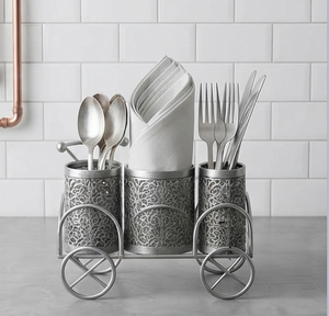 Wheeled <b>Metal</b> Cutlery Holder Vintage Three Compartment Flatware Organizer with Lace Pattern for Kitchen - Product Image 1