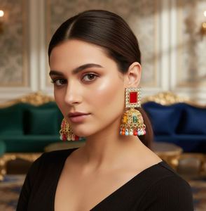 Pendientes de Moda con Incrustaciones de Arcoíris y Pedrería en Forma de Campana, Chapados en Oro/Plata, Aleación de Zinc, Casuales/Deportivos para Mujer, Jhumka Exquisitos - Product Image 2