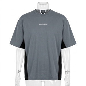 Camiseta de Hombre Gris con Cuello Redondo, Manga Corta, Corte Holgado, Panel Lateral en Contraste, Estilo Casual Urbano - Product Image 3