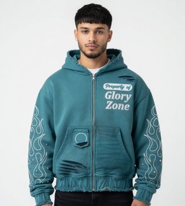 Sudadera con capucha extragrande y gruesa Glory Custom con acabado lavado ácido, estilo con cremallera, estampado en serigrafía y pedrería para unisex. - Product Image 3