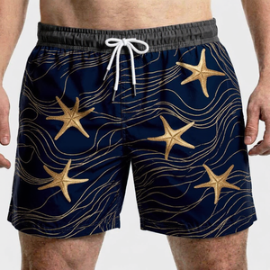 Bañador de hombre azul marino con estampado de estrellas de mar, de secado rápido, cintura media, con cordón, pantalón corto informal, 100% poliéster, tejido. - Product Image 1