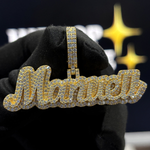 <b>Custom</b> Pave Halo Script <b>Name</b> Pendant 925 Sterling Silver VVS Moissanite Fully Iced Hip Hop <b>Necklace</b> Yellow Gold Jewelry Designer - Product Image 1