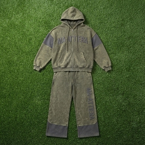 Conjunto de chándal de dos piezas: sudadera con capucha extragrande con cremallera en verde oliva lavado a medida y pantalones de chándal de pierna ancha - Product Image 5