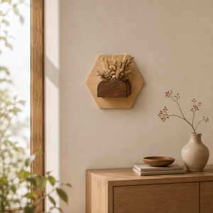Vase mural modulaire hexagonal auto-adhésif en bois de pin et noyer, écologique, minimaliste, organiseur d'entrée, décoration intérieure, coffret cadeau - Product Image 1
