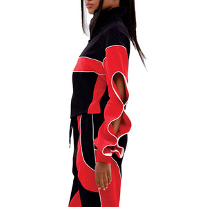 Custom Women's Red Black Nylon Windbreaker Tracksuit Set Flared Sleeve Zip Jacket Jogger Set OEM Embroidery Patchwork Hoodies - Product Image 3