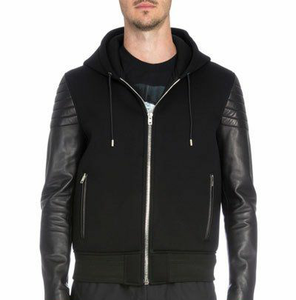 Customized <b>Black</b> Hooded Zip-Up <b>Sweatshirt</b> With Leather Sleeves Fleece Windproof Moto Biker Style Hoodies With leather Sleeves - Product Image 1