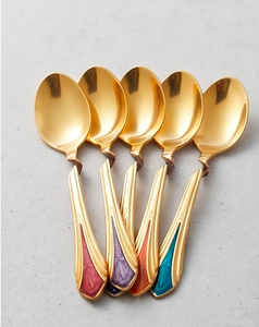 <b>Gold</b> Plated Tea Spoons Set With Colorful Enamel Handles <b>Long</b> Handle Durable Flatware Glam Design <b>Mirror</b> Polish For Hotel Use - Product Image 5