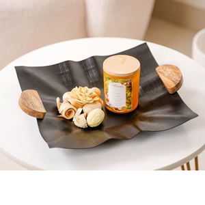 Metal <b>Black</b> Textured Serving Tray Features A Wavy Edge Design With Wooden Handles Creating A Stunning Accent Piece For Home - Product Image 6
