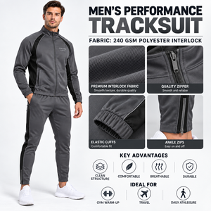 Ensemble de survêtement gris pour homme, fermeture éclair intégrale, col montant, coupe classique, poches latérales, séchage rapide, style sportif, vêtement d'automne, 100 % polyester - Product Image 2