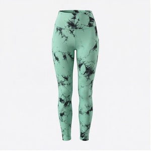 High Waist Full Length <b>Tie</b> <b>Dye</b> Yoga Leggings Green Black Print Spandex Polyester Four-Way Stretch Elastic Waist Women's - Product Image 1