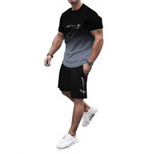 Men's Gradient Color T-Shirt Shorts <b>Set</b> Crew Neck Casual Breathable <b>Knitted</b> Cotton Spandex Summer Wear - Product Image 4