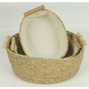 CALA <b>LINEN</b> Woven Seagrass Eco-Friendly Simple Oval <b>Storage</b> Baskets-Lined Organizer Bins with Wood Handles - Product Image 3