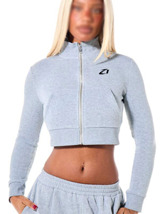 Women <b>Cropped</b> <b>Zip</b>-<b>Up</b> Sweatshirt Full Sleeve Solid Gray Cotton Blend Stand Collar Breathable Casual Streetwear Top Manufacturer - Product Image 2