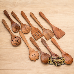 Ensemble d'ustensiles de cuisine en bois faits à la main, 10 pièces, cuillères et spatules de cuisson en teck de qualité supérieure, ustensiles de cuisson antiadhésifs, ensemble de service médiéval - Product Image 3