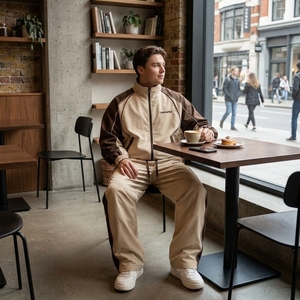 Ensemble de survêtement beige marron pour homme, veste athlétique à fermeture éclair intégrale, pantalon de jogging, vêtements de sport, entraînement, gym, course à pied, logo personnalisé - Product Image 4