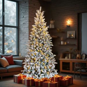 7 FT Snow Flocked Pre-lit Artificial Pencil Christmas <b>Tree</b> Hinged Pine <b>Tree</b> 1100 Branch Tips 400 <b>Lights</b> for Festive Holidays - Product Image 1