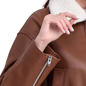 Women's Brown Genuine <b>Leather</b> Moto <b>Jacket</b> Full Sleeve Stand Collar Zipper Closure Autumn Style - Product Image 3