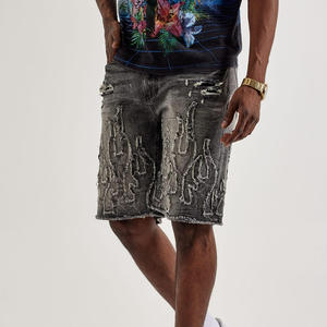 Shorts Bermuda en jean gris déchiré pour homme, taille mi-haute, délavé, décontracté, respirant, écologique, style streetwear tricoté - Product Image 3
