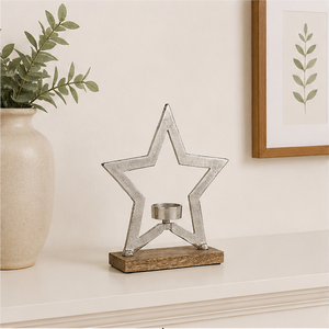 Handcrafted Metal Star <b>Tea</b> <b>Light</b> Candle Holder With Solid Mango Wood Base Modern Rustic <b>Christmas</b> Tabletop Decoration & Home - Product Image 4