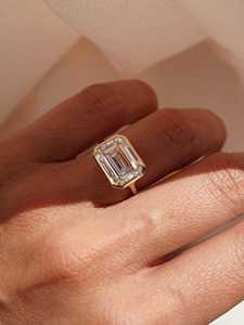 East West Bezel Set <b>Emerald</b> Cut Lab Grown Diamond <b>Ring</b> – 14K Solid Gold or Sterling <b>Silver</b>, IGI Certified - Product Image 1
