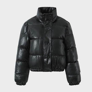 Black PU Puffer <b>Jacket</b> Stand Collar Zipper Closure Quilted Windproof Short Winter Coat Casual Unisex Thick Filling - Product Image 5