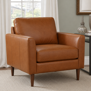 Sillón de Cuero Moderno de Mediados de Siglo con Patas de Madera Maciza, Silla para Sala de Estar, Mueble de Ocio Duradero, Sillón de Cuero Decorativo - Product Image 1