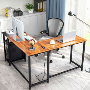Scrivania per Computer a L in Legno di Tigre con Prese di Corrente e Ripiano - Product Image 1