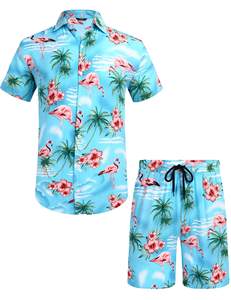 Chemise à manches courtes pour homme, bleu clair, rose, imprimé flamant rose, palmiers tropicaux, col à revers, boutonnée, ensemble 2 pièces assorti avec short, décontracté - Product Image 2
