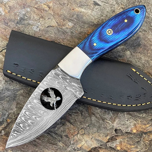 Couteau de chasse OEM Wirecut en acier Damas, lame fixe, manche en bois, couteau de camping et d'extérieur EDC avec étui en cuir - Product Image 1