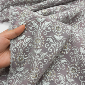 Grey Embroidered Organza Sari Fabric With <b>Sequin</b> Details For Women Party Wear Designer Garments Bridal Wear - Product Image 1