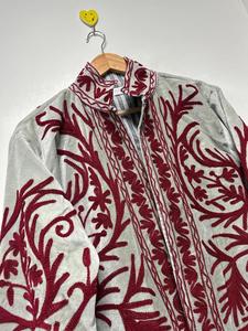 Ethnic Gray <b>Velvet</b> Suzani Embroidered <b>Jacket</b> with Floral Pattern Full Sleeve Stand Collar Bohemian <b>Women's</b> Autumn Outerwear - Product Image 6