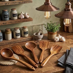 Juego de Utensilios de Cocina de Madera de Acacia Hechos a Mano de Primera Calidad, Cuchara de Cocina de Madera Natural, Espátula, Cucharón, Cuchara para Servir, Reutilizable, de Grado Alimenticio - Product Image 3