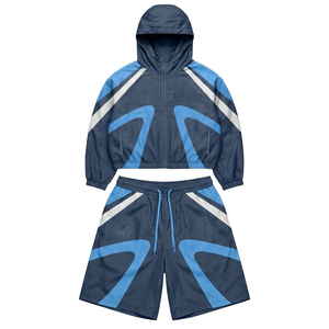 Ensemble short et veste coupe-vent de randonnée pour homme, personnalisé, bleu marine, marron, rose, color block, à capuche, imperméable, sport, commande en gros - Product Image 6