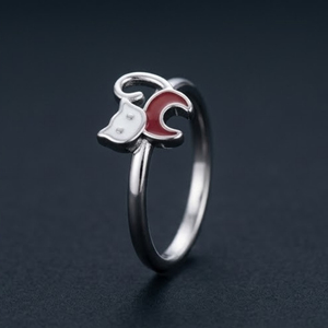 Anillo de Plata de Ley 925 con Esmalte de Gato Blanco y Rojo, Diseño de Gatito, Joyería de Moda, Regalo para Mujeres y Niñas - Product Image 2