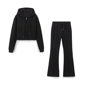Custom Tracksuit Women's Sweatsuit <b>Cropped</b> <b>Zip</b> <b>Up</b> Hoodie Flare Pants Set Heavyweight Fleece Two Piece Set Streetwear Jogger - Product Image 1