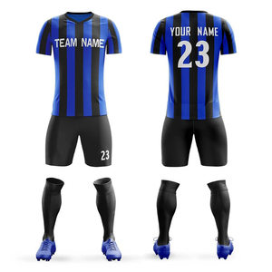 Conjunto de Uniforme de Fútbol Personalizado para Hombre, Azul y Negro a Rayas, Cuello en V, Manga Corta, Absorbente de Humedad, con Pantalones Cortos y Calcetines a Juego - Product Image 1