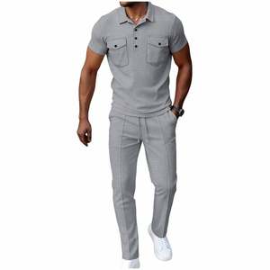 Ensemble décontracté 2 pièces pour homme : Polo à manches courtes et pantalon en coton gaufré 100% éponge 240 GSM, tricoté, tenue élégante avec poches - Product Image 3
